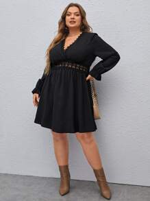 SHEIN Frenchy Đầm Plus Size Tương phản ren Xù màu trơn Boho - màu đen - Xem 5