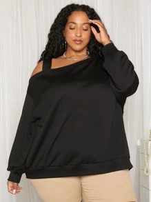 SHEIN CURVE+ Áo nỉ Plus Size Bất đối xứng màu trơn Giải trí - màu đen - Xem 5