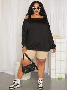 SHEIN CURVE+ Áo nỉ Plus Size Bất đối xứng màu trơn Giải trí - màu đen - Xem 2