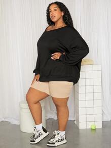 SHEIN CURVE+ Áo nỉ Plus Size Bất đối xứng màu trơn Giải trí - màu đen - Xem 6