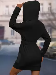 SHEIN LUNE Pearls Beaded Elastic Waist Drawstring Hoodie Dress,Long Sleeve Tops Graduation,Back To School Outfits,Graduation,Teacher Outfits For Women,Back To School Pullover Fall Outfit - Black - View 2