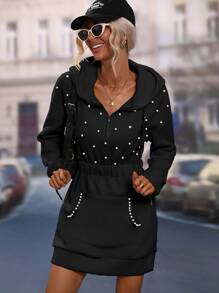 SHEIN LUNE Pearls Beaded Elastic Waist Drawstring Hoodie Dress,Long Sleeve Tops Graduation,Back To School Outfits,Graduation,Teacher Outfits For Women,Back To School Pullover Fall Outfit - Black - View 5