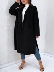 SHEIN LUNE Áo khoác cỡ lớn Nút Túi Chia màu trơn Giải trí - màu đen - Xem 1