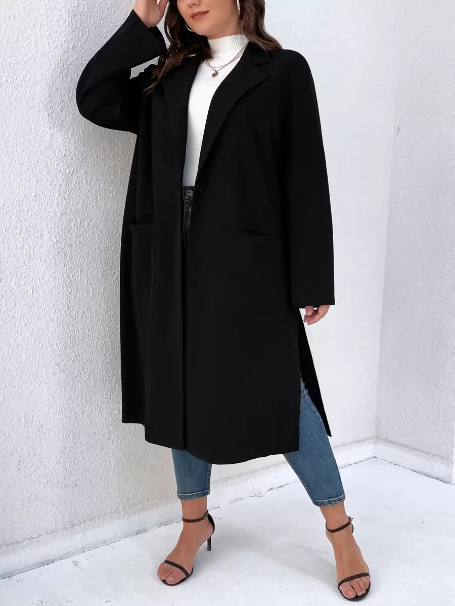 SHEIN LUNE Áo khoác cỡ lớn Nút Túi Chia màu trơn Giải trí - màu đen - Xem 1