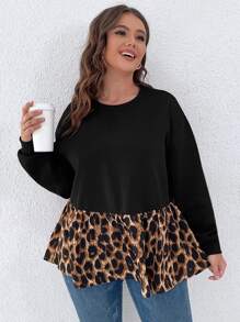 SHEIN LUNE Sudadera con estampado de leopardo de hombros caídos peplum - Negro - Ver 4