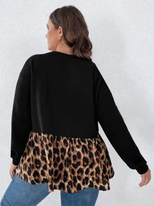 SHEIN LUNE Sudadera con estampado de leopardo de hombros caídos peplum - Negro - Ver 2