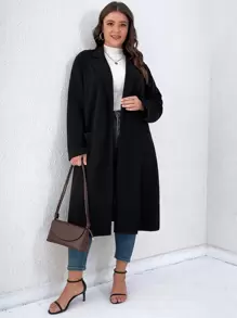 SHEIN LUNE Áo khoác cỡ lớn Nút Túi Chia màu trơn Giải trí - màu đen - Xem 3