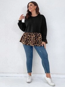 SHEIN LUNE Sudadera con estampado de leopardo de hombros caídos peplum - Negro - Ver 3
