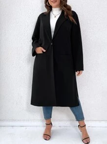 SHEIN LUNE Áo khoác cỡ lớn Nút Túi Chia màu trơn Giải trí - màu đen - Xem 4