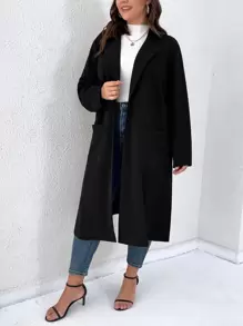 SHEIN LUNE Áo khoác cỡ lớn Nút Túi Chia màu trơn Giải trí - màu đen - Xem 5