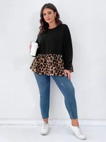 SHEIN LUNE Sudadera con estampado de leopardo de hombros caídos peplum - Negro - Ver 1