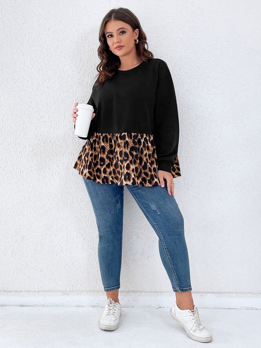 SHEIN LUNE Sudadera con estampado de leopardo de hombros caídos peplum - Negro - Ver 1