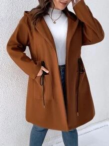 SHEIN LUNE 大碼腰部抽繩連帽花呢外套 - 棕色 - 查看 4