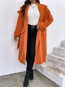 Plus Lapel Neck Drop Shoulder Belted Overcoat - Burnt Orange - View 3