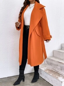 Plus Lapel Neck Drop Shoulder Belted Overcoat - Burnt Orange - View 1