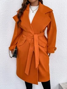 Plus Lapel Neck Drop Shoulder Belted Overcoat - Burnt Orange - View 5