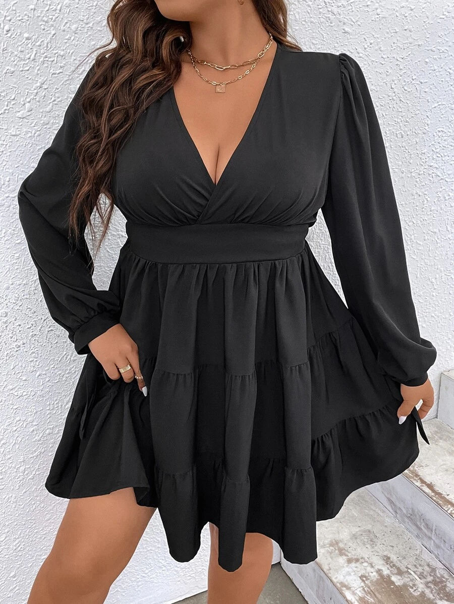Flirla Đầm Plus Size Thắt nút Viên lá sen phân lớp Trọn gói màu trơn Thanh lịch - màu đen - Xem 1