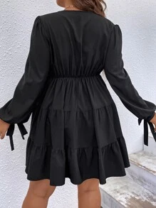 Flirla Đầm Plus Size Thắt nút Viên lá sen phân lớp Trọn gói màu trơn Thanh lịch - màu đen - Xem 2