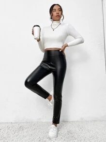 SHEIN Frenchy 寬腰帶PU皮打底褲 - 黑色 - 查看 4