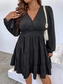 Flirla Đầm Plus Size Thắt nút Viên lá sen phân lớp Trọn gói màu trơn Thanh lịch - màu đen - Xem 3