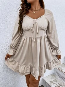 SHEIN LUNE Plus Knot Front Flounce Sleeve Ruffle Hem Dress - Apricot - View 3