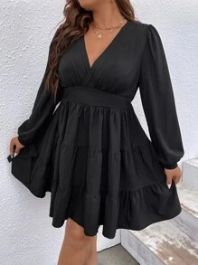 Flirla Đầm Plus Size Thắt nút Viên lá sen phân lớp Trọn gói màu trơn Thanh lịch - màu đen - Xem 5
