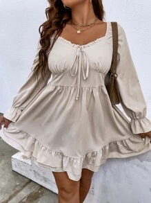 SHEIN LUNE Plus Knot Front Flounce Sleeve Ruffle Hem Dress - Apricot - View 1