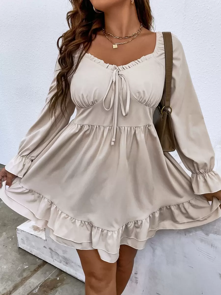 SHEIN LUNE Plus Knot Front Flounce Sleeve Ruffle Hem Dress - Apricot - View 1