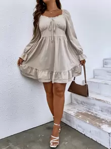 SHEIN LUNE Plus Knot Front Flounce Sleeve Ruffle Hem Dress - Apricot - View 6