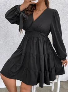 Flirla Đầm Plus Size Thắt nút Viên lá sen phân lớp Trọn gói màu trơn Thanh lịch - màu đen - Xem 7