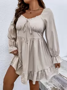 SHEIN LUNE Plus Knot Front Flounce Sleeve Ruffle Hem Dress - Apricot - View 2