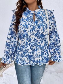 Flirla 大碼印花木耳褶皺邊繫帶領荷葉袖襯衫 - 藍白色 - 查看 3