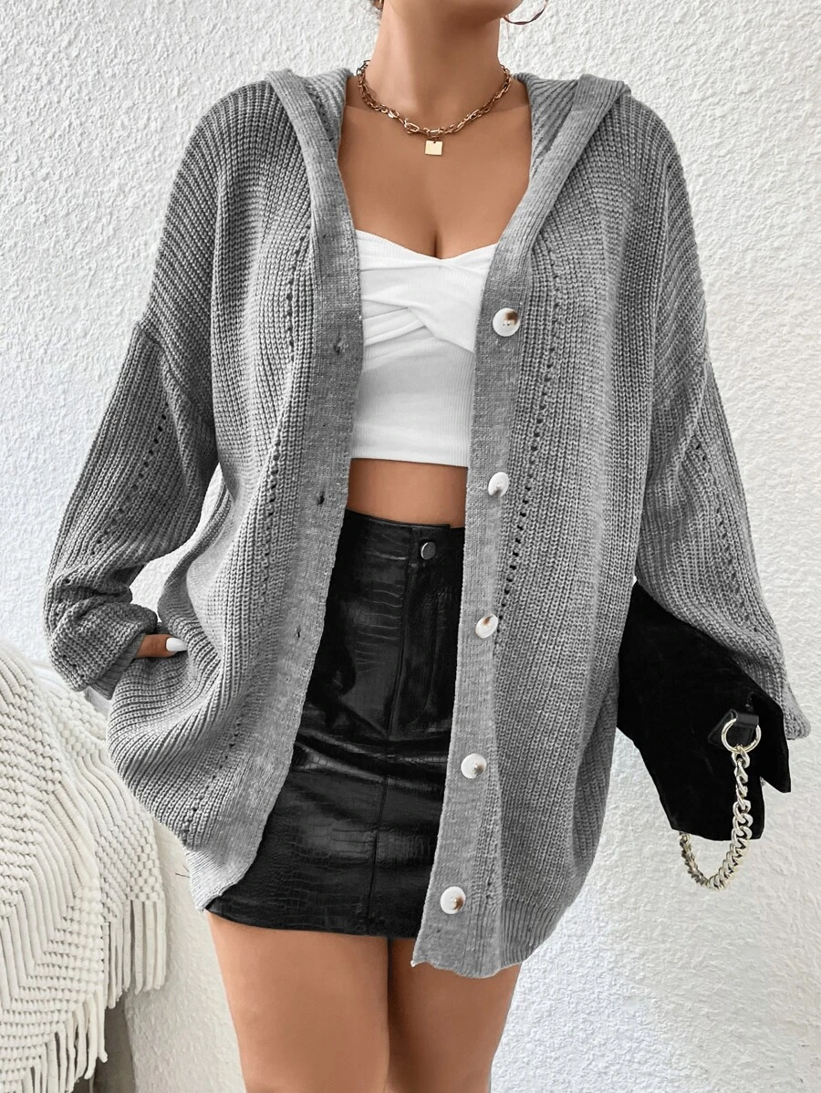 Calvaya Plus Drop Shoulder Hooded Cardigan - Grey - View 1