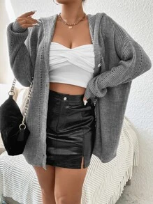 Calvaya Plus Drop Shoulder Hooded Cardigan - Grey - View 6