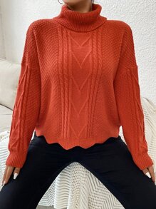 Plus Turtleneck Cable Knit Drop Shoulder Scallop Trim Jumper - Orange - View 1