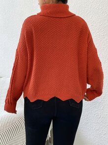 Plus Turtleneck Cable Knit Drop Shoulder Scallop Trim Jumper - Orange - View 2