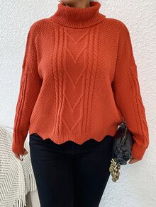 Plus Turtleneck Cable Knit Drop Shoulder Scallop Trim Jumper - Orange - View 3