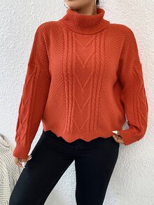Plus Turtleneck Cable Knit Drop Shoulder Scallop Trim Jumper - Orange - View 4