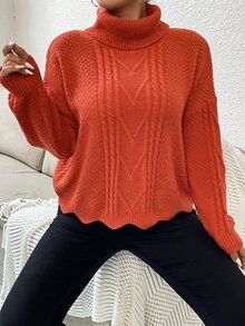Plus Turtleneck Cable Knit Drop Shoulder Scallop Trim Jumper - Orange - View 6
