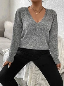 SHEIN LUNE Plus Space Dye Drop Shoulder Jumper - Dark Grey - View 1