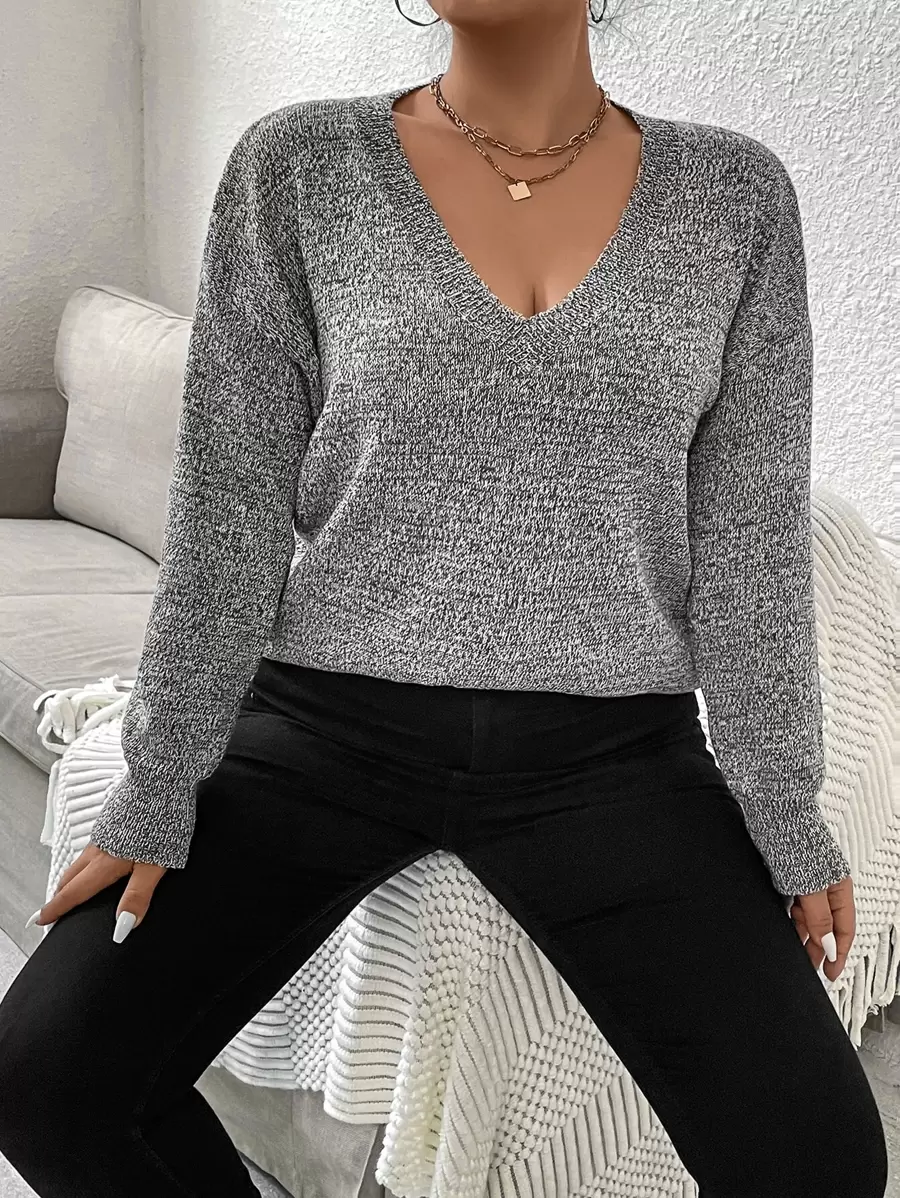 SHEIN LUNE Plus Space Dye Drop Shoulder Jumper - Dark Grey - View 1