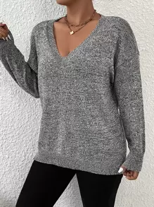 SHEIN LUNE Plus Space Dye Drop Shoulder Jumper - Dark Grey - View 5