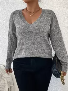 SHEIN LUNE Plus Space Dye Drop Shoulder Jumper - Dark Grey - View 6