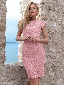 MIUSOL Solid Floral Lace Cap Sleeve Cocktail Party Fitted Dress Wedding Guest Dress - Dusty Pink - View 5