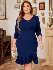 MIUSOL Plus Mesh Insert Ruched Asymmetrical Ruffle Hem Bodycon Dress