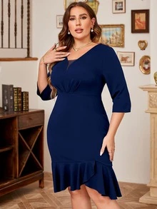 MIUSOL Plus Mesh Insert Ruched Asymmetrical Ruffle Hem Bodycon Dress