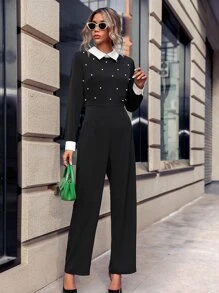 SHEIN Unity Contrast Collar Pearls Beaded Jumpsuit - Black - View 3