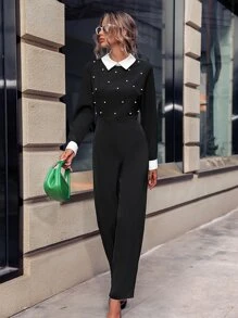 SHEIN Unity Contrast Collar Pearls Beaded Jumpsuit - Black - View 4