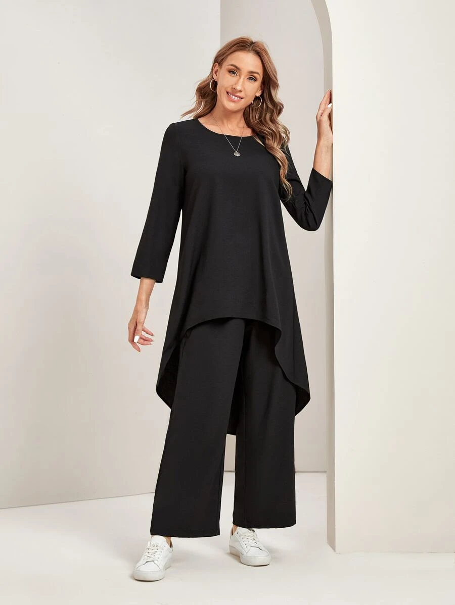 EMERY ROSE Solid High Low Hem Top & Wide Leg Pants - Black - View 1