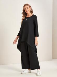 EMERY ROSE Solid High Low Hem Top & Wide Leg Pants - Black - View 3